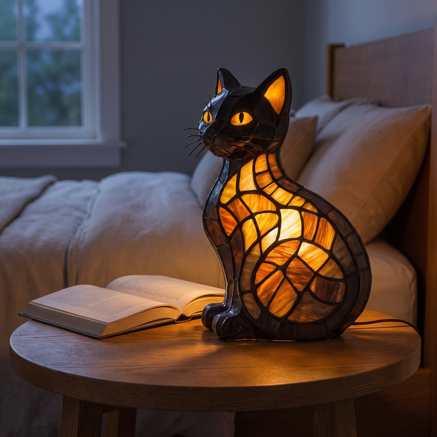 Charming Cat Table Lamp — in-use scale bedside with book