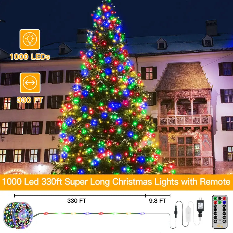 1000 LED Multicolor Christmas String Lights | 330ft Waterproof IP67, Remote & Timer