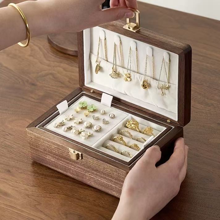 Amélie Walnut Two-Tier Jewellery Box | Velvet-Lined Storage with Smooth Rounded Edges
