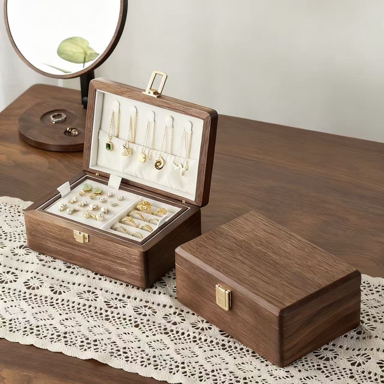 Amélie Walnut Two-Tier Jewellery Box | Velvet-Lined Storage with Smooth Rounded Edges