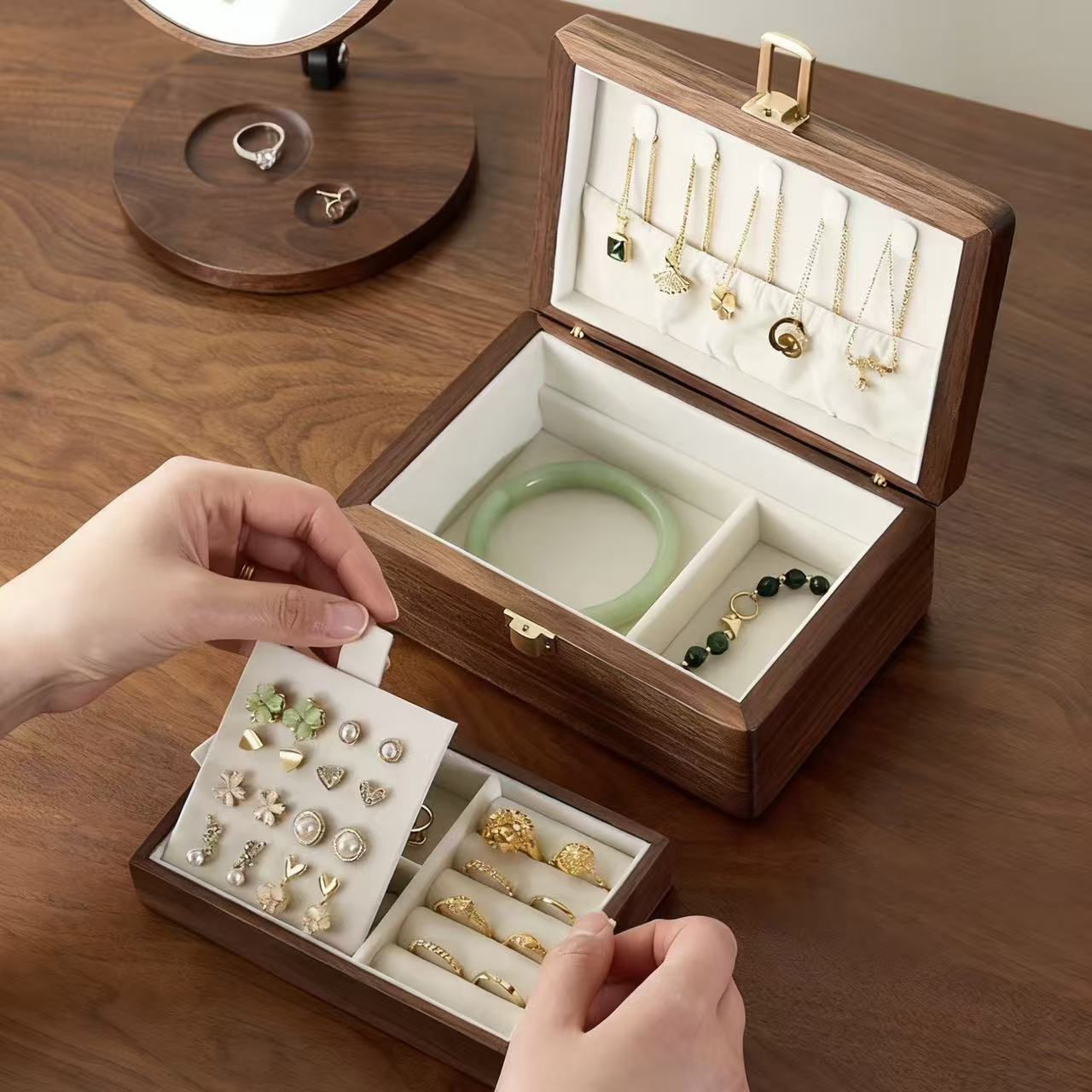 Amélie Walnut Two-Tier Jewellery Box | Velvet-Lined Storage with Smooth Rounded Edges