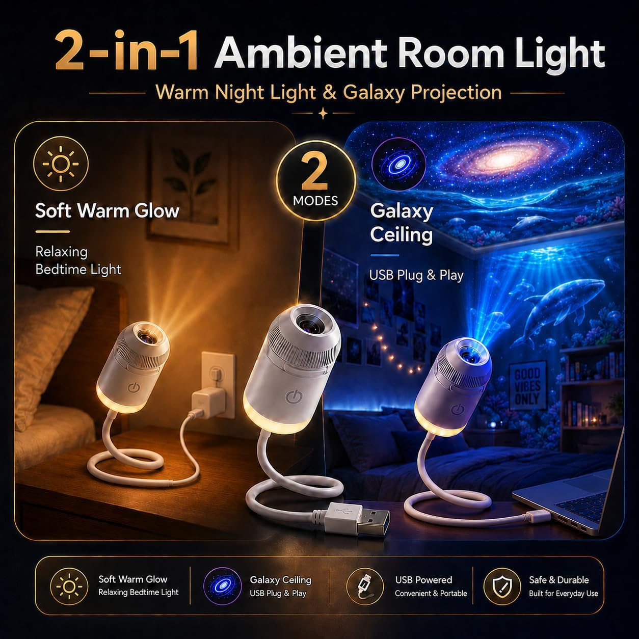 Orion Magical Galaxy Projector | Flexible Neck Night Light with Swappable Slides