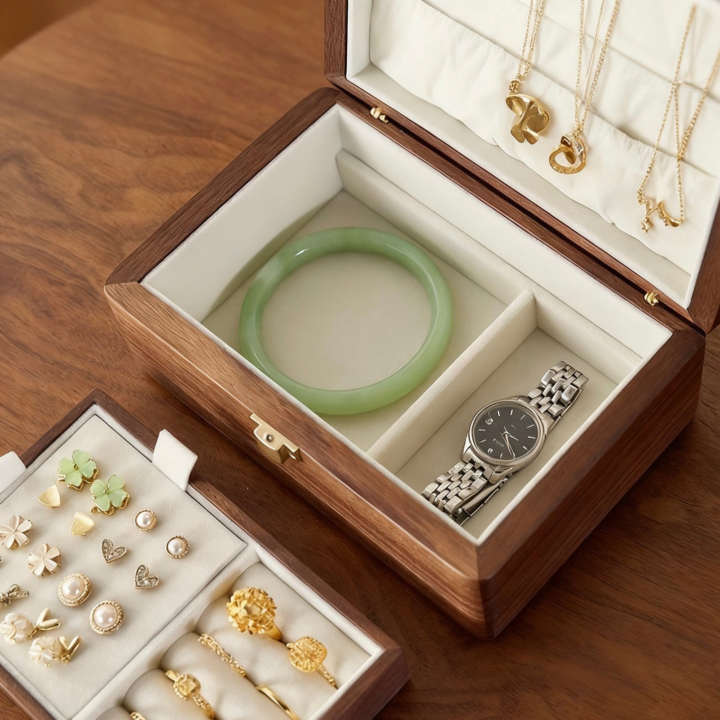 Amélie Walnut Two-Tier Jewellery Box | Velvet-Lined Storage with Smooth Rounded Edges