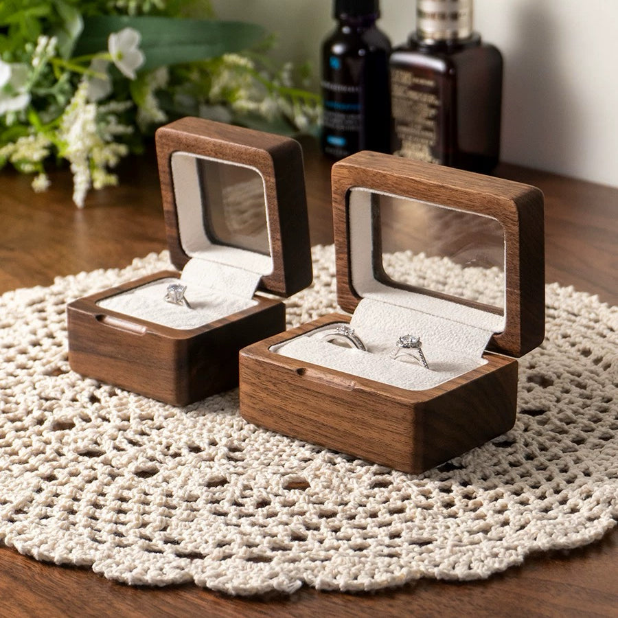 Lomi Wooden Ring Box | Walnut or Cherry Wood Case with Velvet Lining, Single or Pair