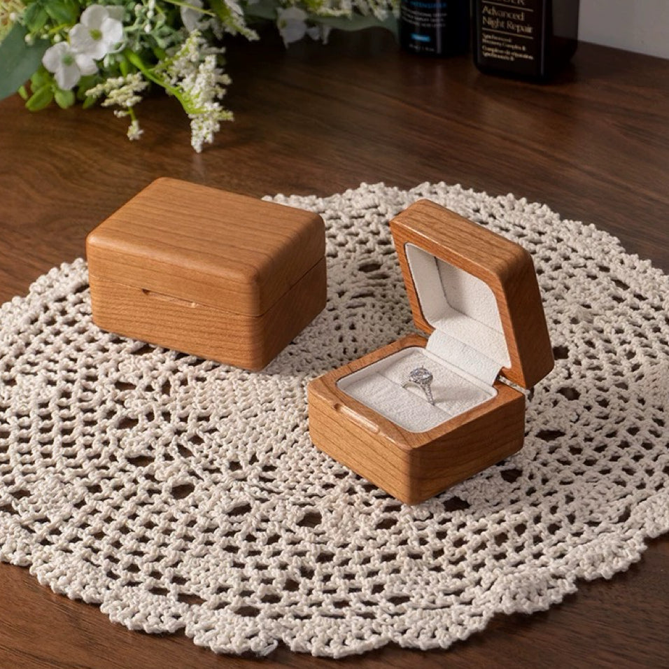Lomi Wooden Ring Box | Walnut or Cherry Wood Case with Velvet Lining, Single or Pair