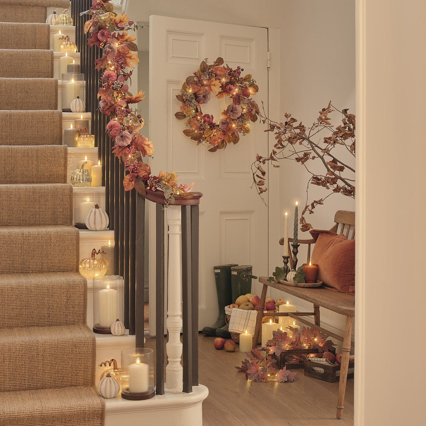 Pre-Lit Luxury Velvet Pumpkin Meadow Wreath & Garland | 100 Micro LED Autumn Décor