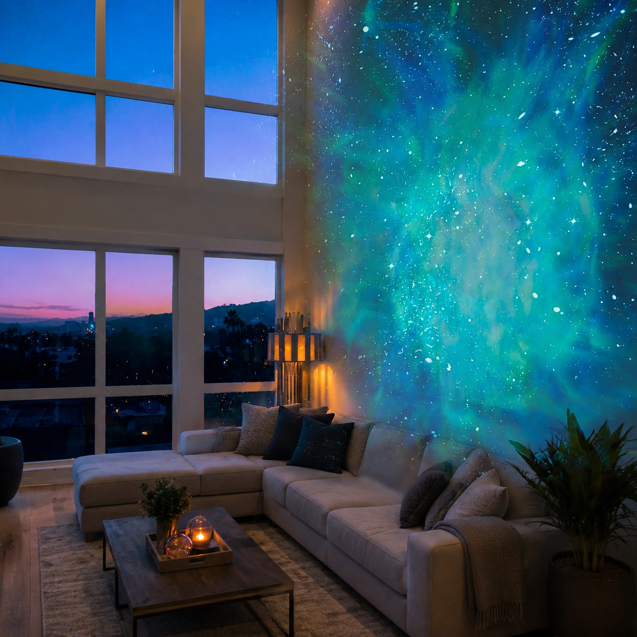 Galaxy star projector casting blue and purple nebula light across a bedroom