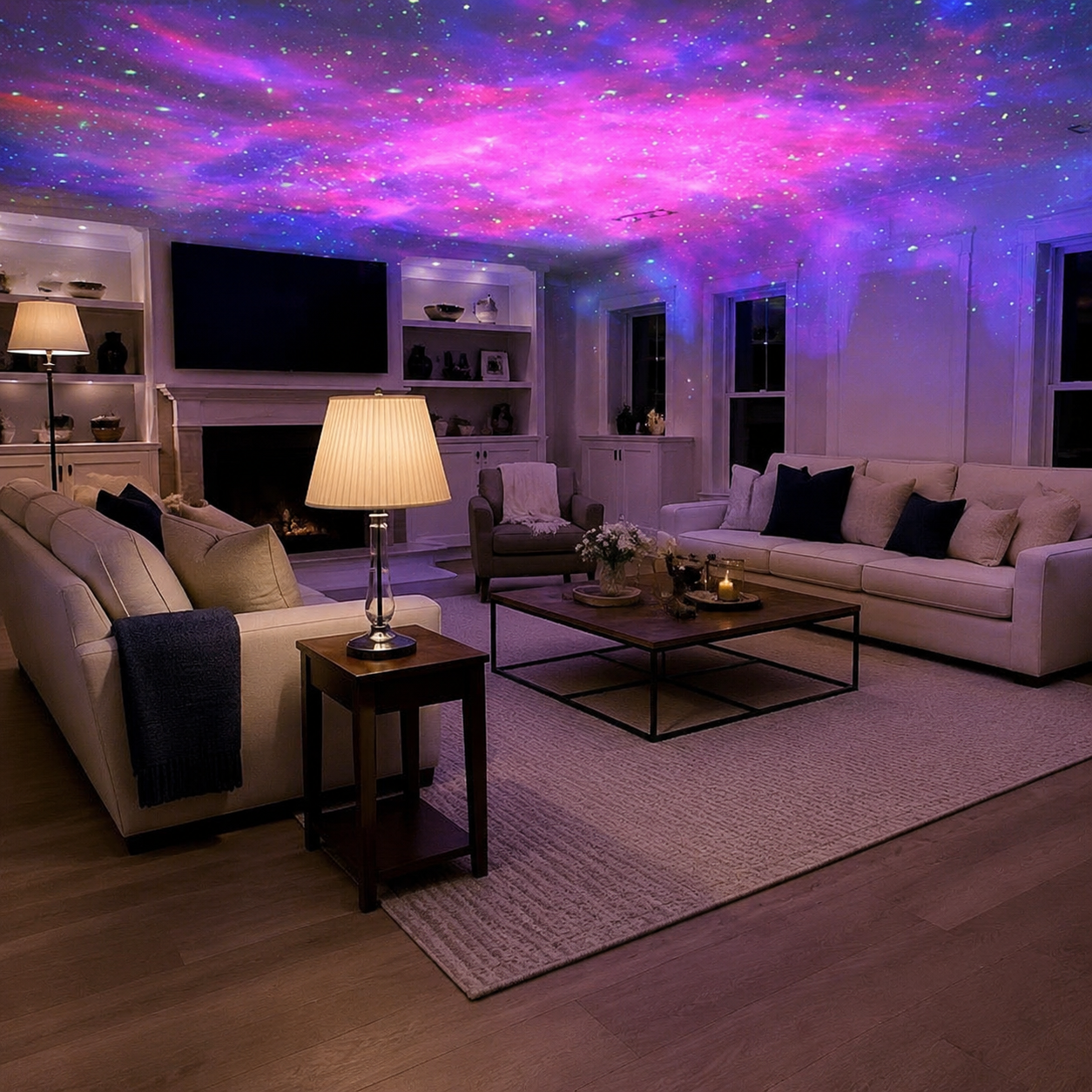 Remote-controlled galaxy star projector casting a wide 21-colour nebula effect