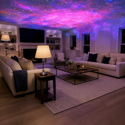 Remote-controlled galaxy star projector casting a wide 21-colour nebula effect