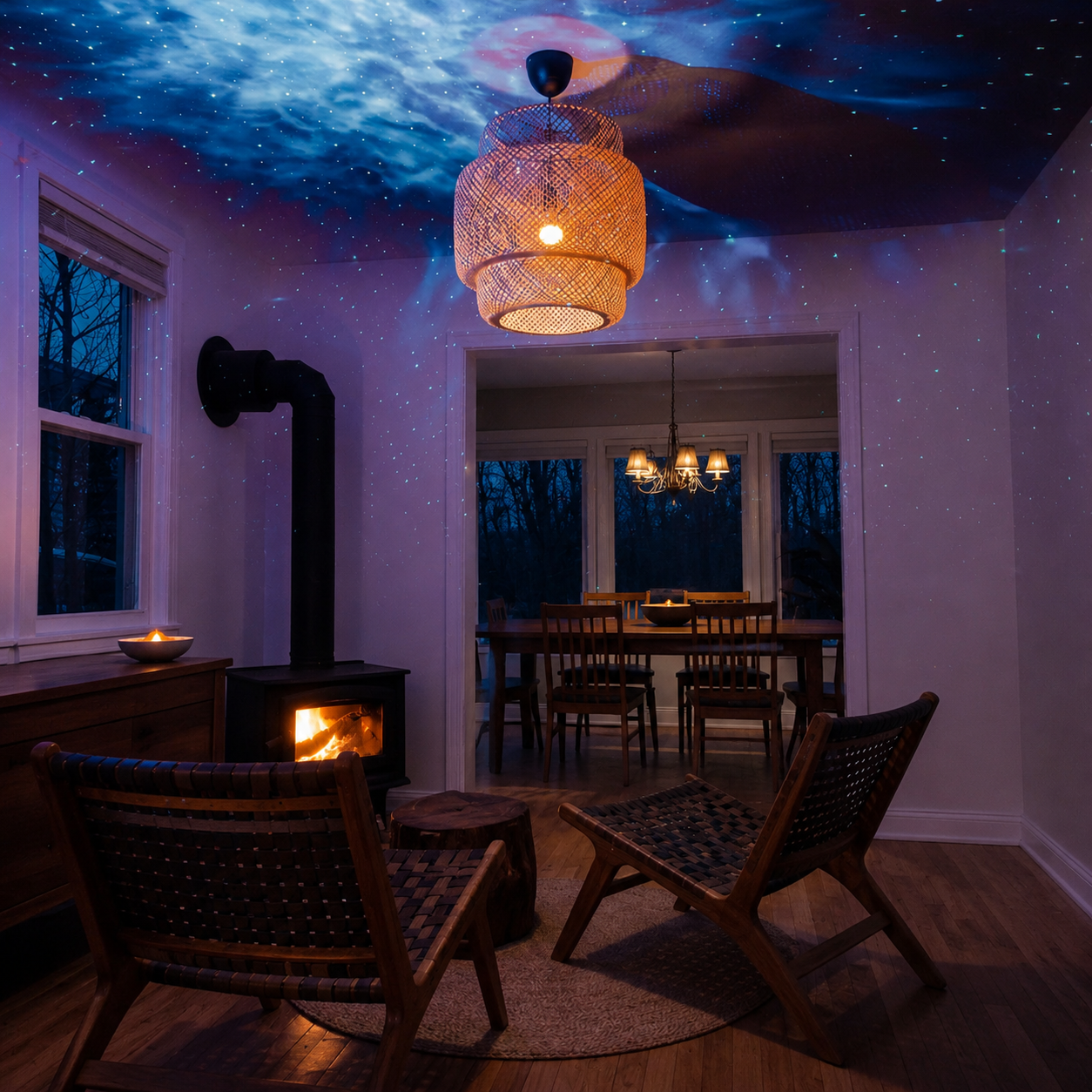 Galaxy star projector on a bedside table with colourful ceiling projection