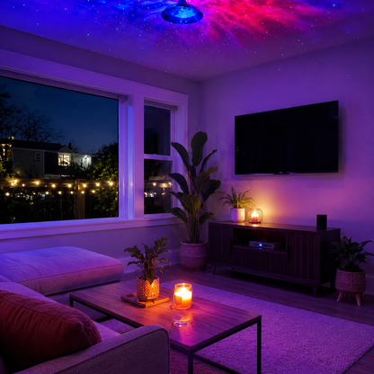 Galaxy star projector lighting a child's bedroom ceiling with stars