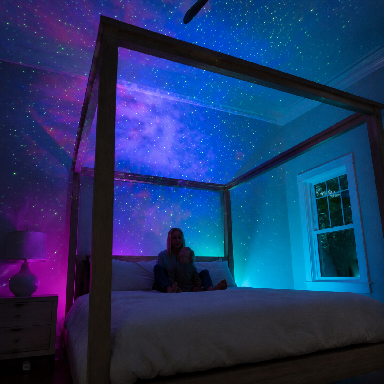 Galaxy star projector with glowing lens detail