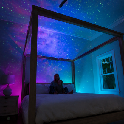Galaxy star projector with glowing lens detail