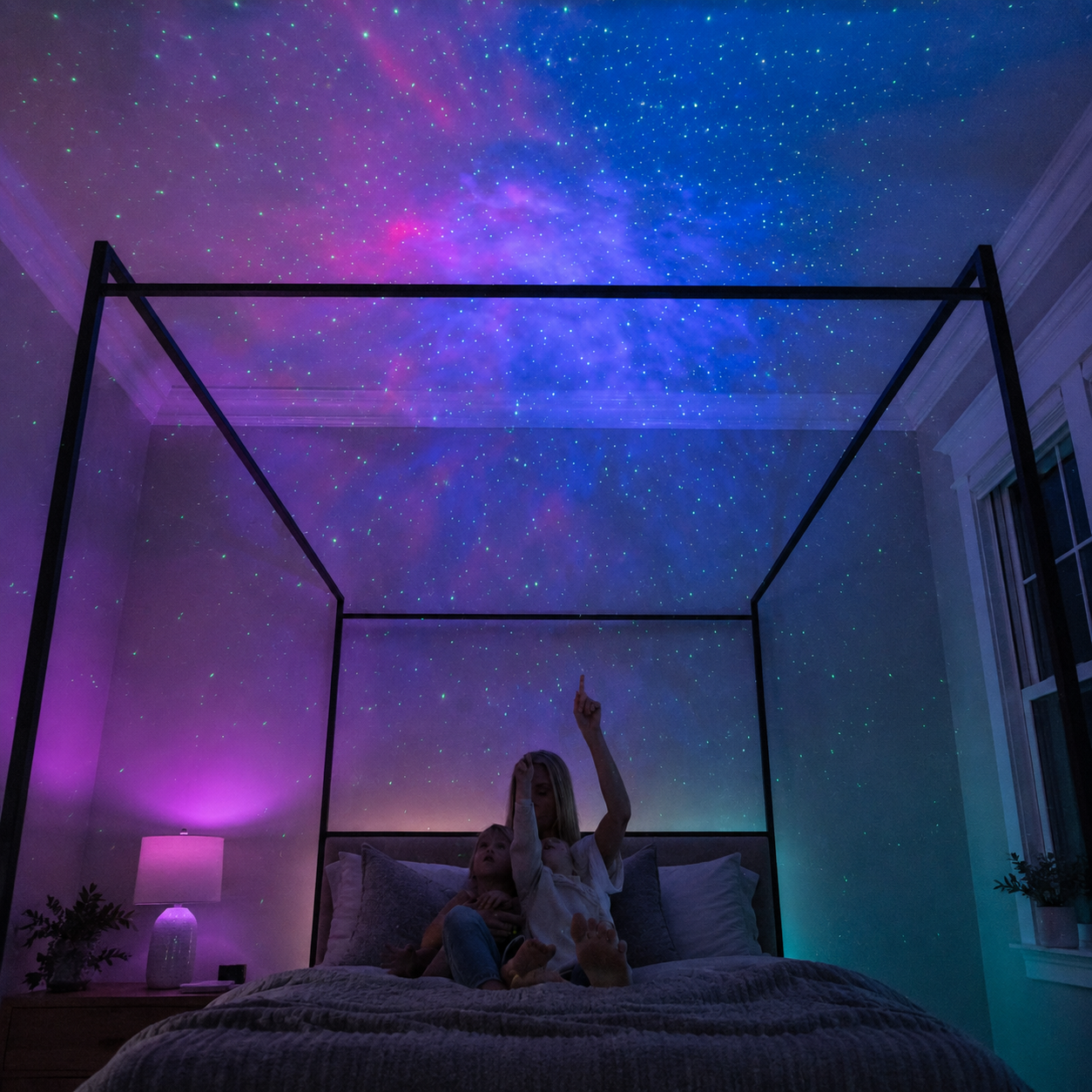Music-reactive galaxy star projector creating vivid wall patterns