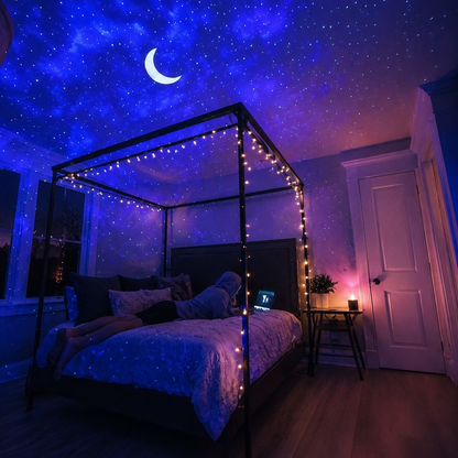 Galaxy star projector beside a phone streaming music by Bluetooth