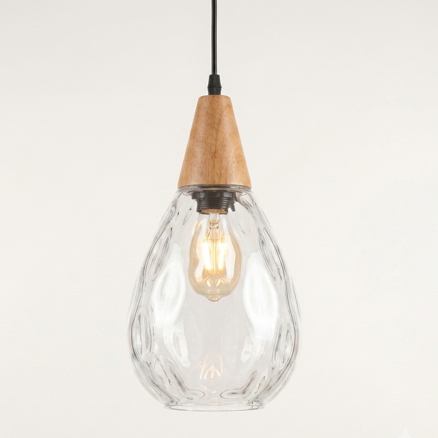 Elegant Glass Pendant Light with Teardrop Design & Solid Wood Accents | Versatile Kitchen Pendant Lighting for Any Space