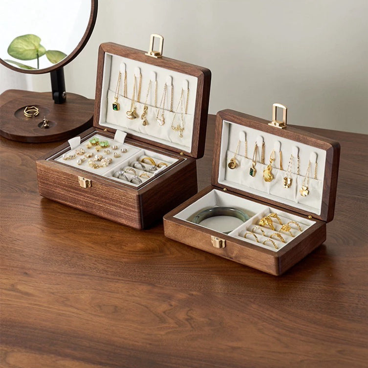 Amélie Walnut Two-Tier Jewellery Box | Velvet-Lined Storage with Smooth Rounded Edges