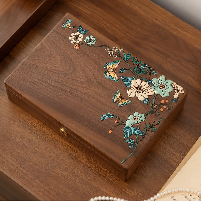 Maris Hand-Painted Walnut Jewellery Box | Floral & Butterfly Design with Divided Interior