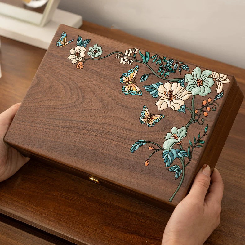 Maris Hand-Painted Walnut Jewellery Box | Floral & Butterfly Design with Divided Interior