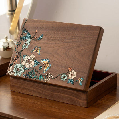 Maris Hand-Painted Walnut Jewellery Box | Floral & Butterfly Design with Divided Interior