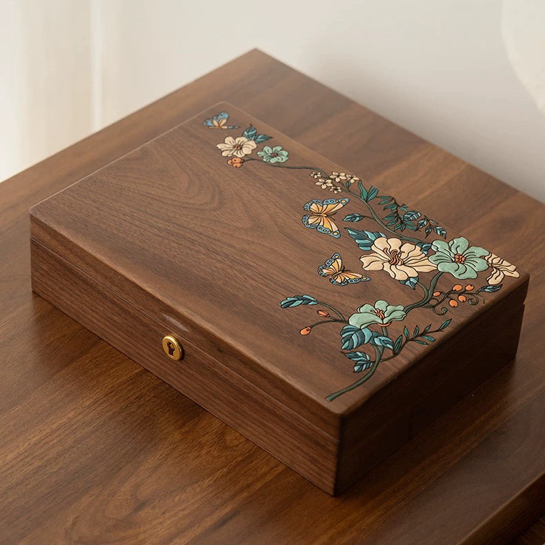 Maris Hand-Painted Walnut Jewellery Box | Floral & Butterfly Design with Divided Interior