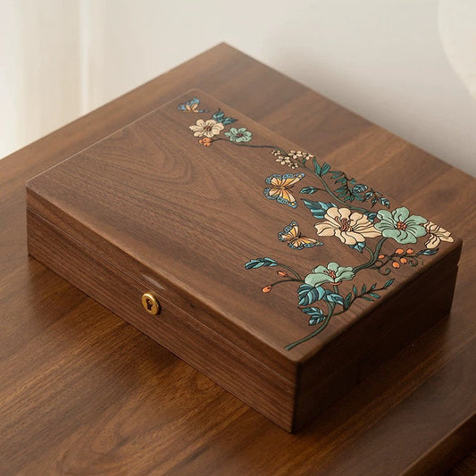 Maris Hand-Painted Walnut Jewellery Box | Floral & Butterfly Design with Divided Interior