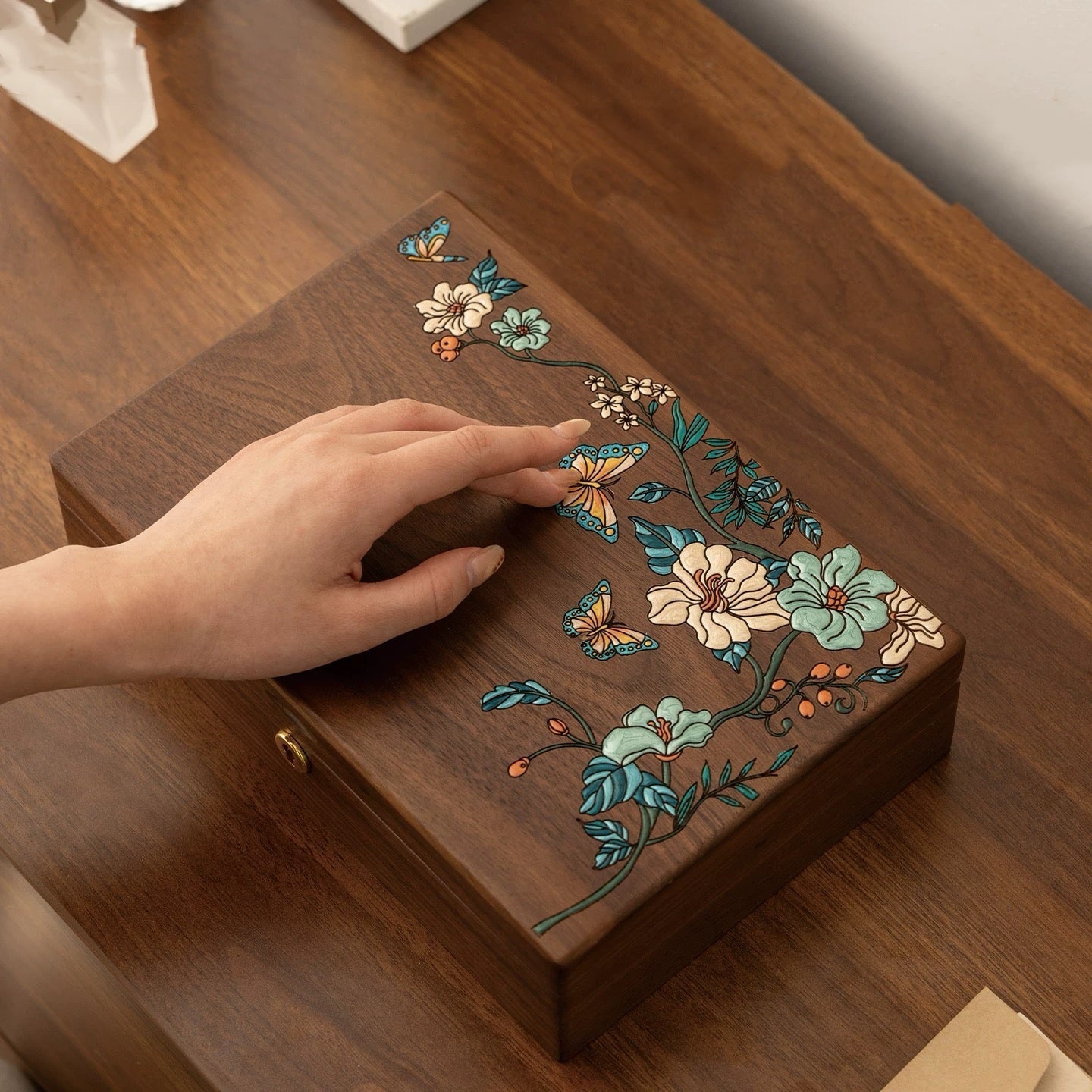 Maris Hand-Painted Walnut Jewellery Box | Floral & Butterfly Design with Divided Interior