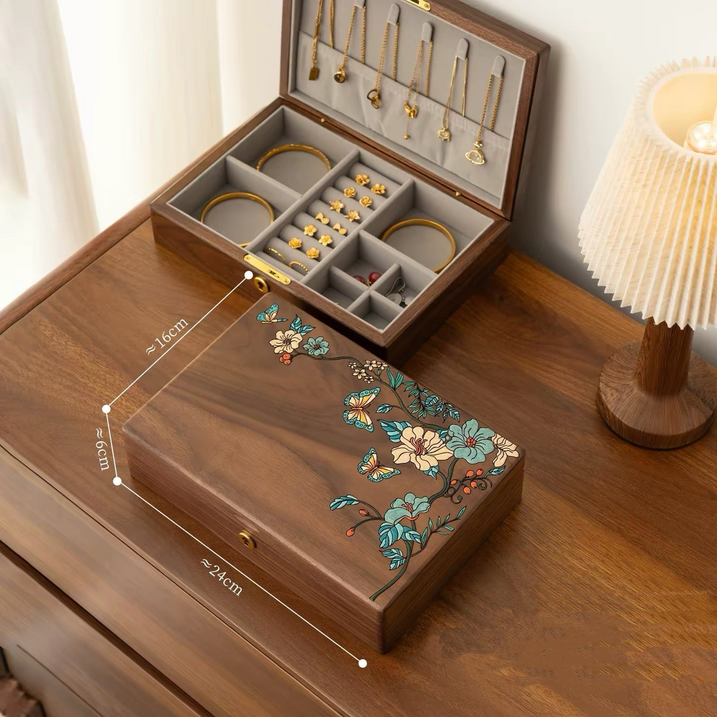 Maris Hand-Painted Walnut Jewellery Box | Floral & Butterfly Design with Divided Interior