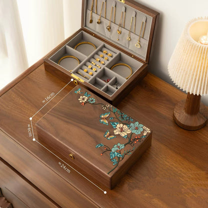 Maris Hand-Painted Walnut Jewellery Box | Floral & Butterfly Design with Divided Interior