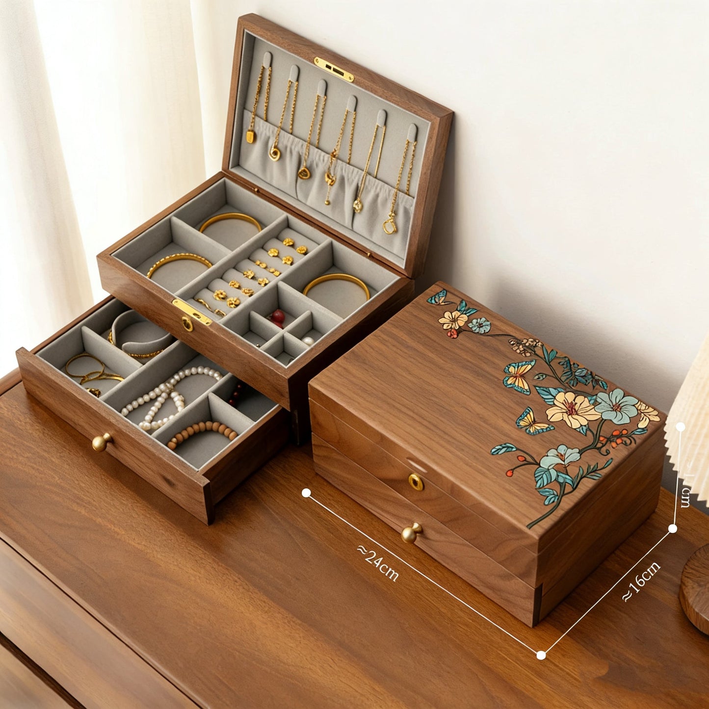 Maris Hand-Painted Walnut Jewellery Box | Floral & Butterfly Design with Divided Interior