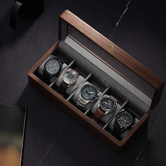 Winston Solid Walnut Watch Box | Glass-Lid Watch Collection Case for 3, 5 or 10 Watches