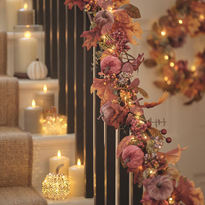 Pre-Lit Luxury Velvet Pumpkin Meadow Wreath & Garland | 100 Micro LED Autumn Décor