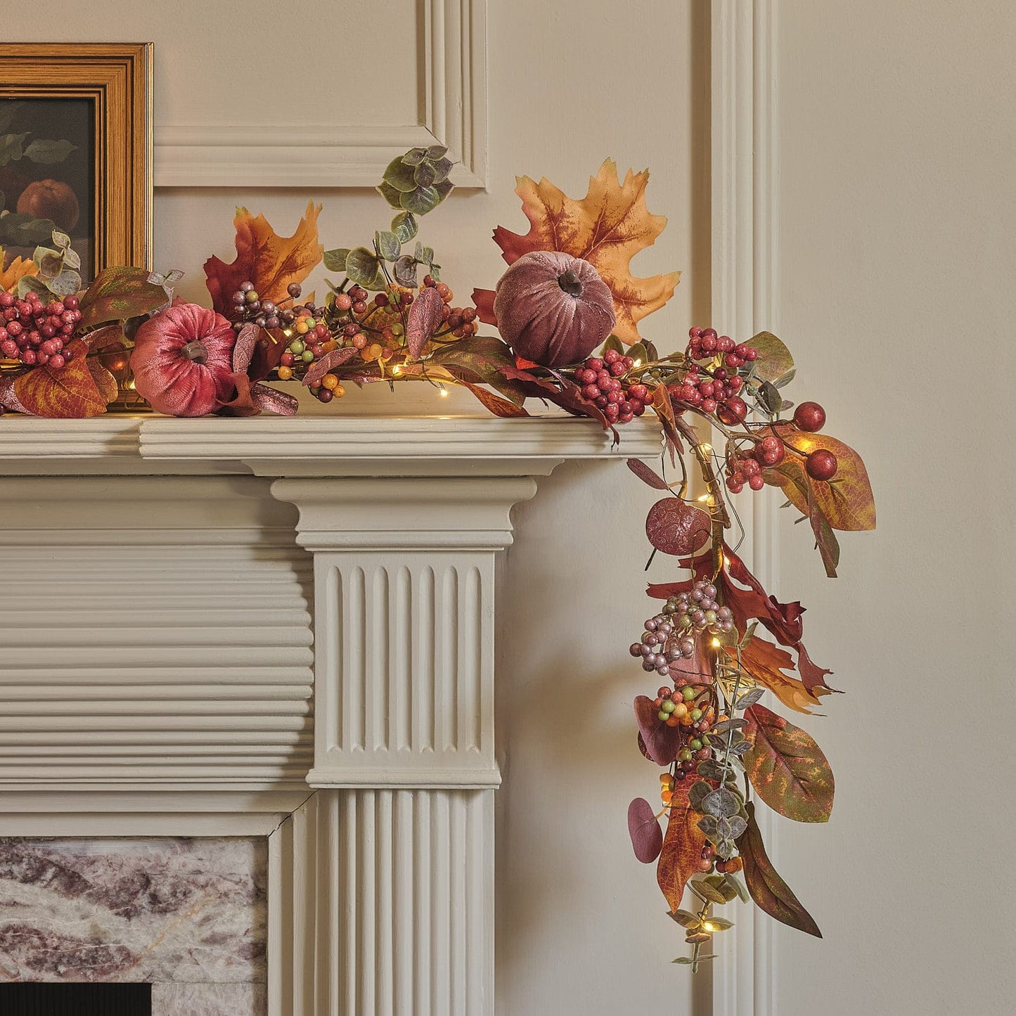 Pre-Lit Luxury Velvet Pumpkin Meadow Wreath & Garland | 100 Micro LED Autumn Décor