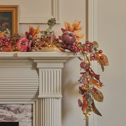 Pre-Lit Luxury Velvet Pumpkin Meadow Wreath & Garland | 100 Micro LED Autumn Décor