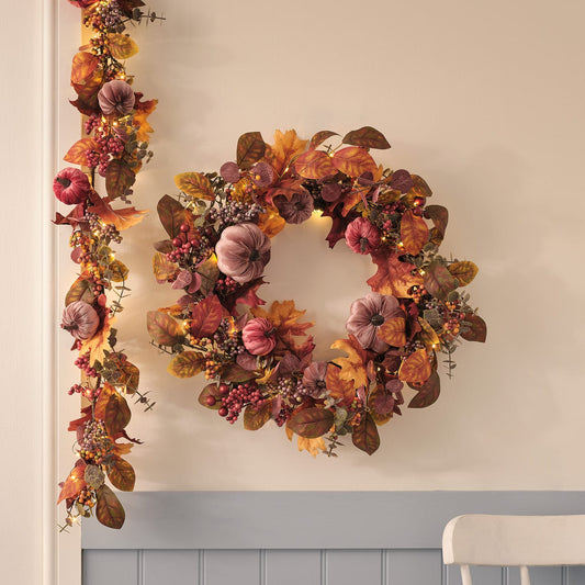 Pre-Lit Luxury Velvet Pumpkin Meadow Wreath & Garland | 100 Micro LED Autumn Décor