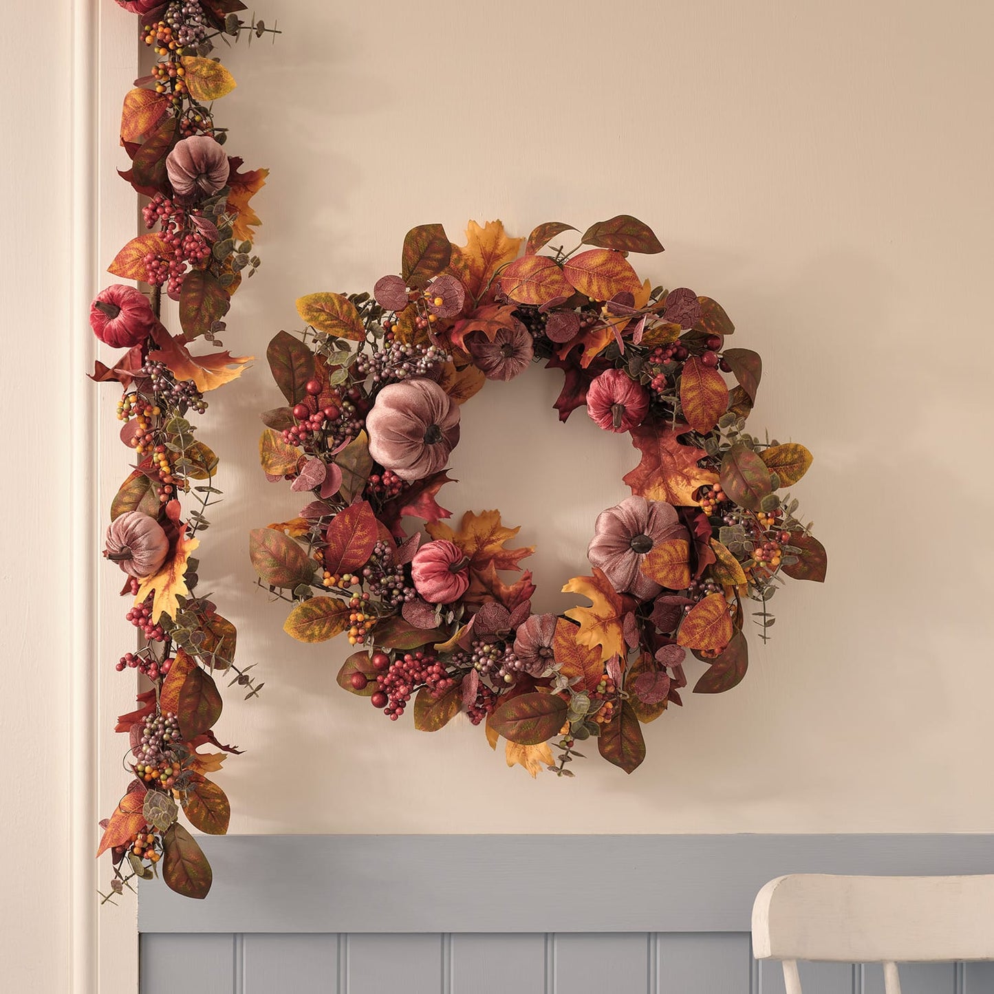 Pre-Lit Luxury Velvet Pumpkin Meadow Wreath & Garland | 100 Micro LED Autumn Décor