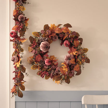 Pre-Lit Luxury Velvet Pumpkin Meadow Wreath & Garland | 100 Micro LED Autumn Décor