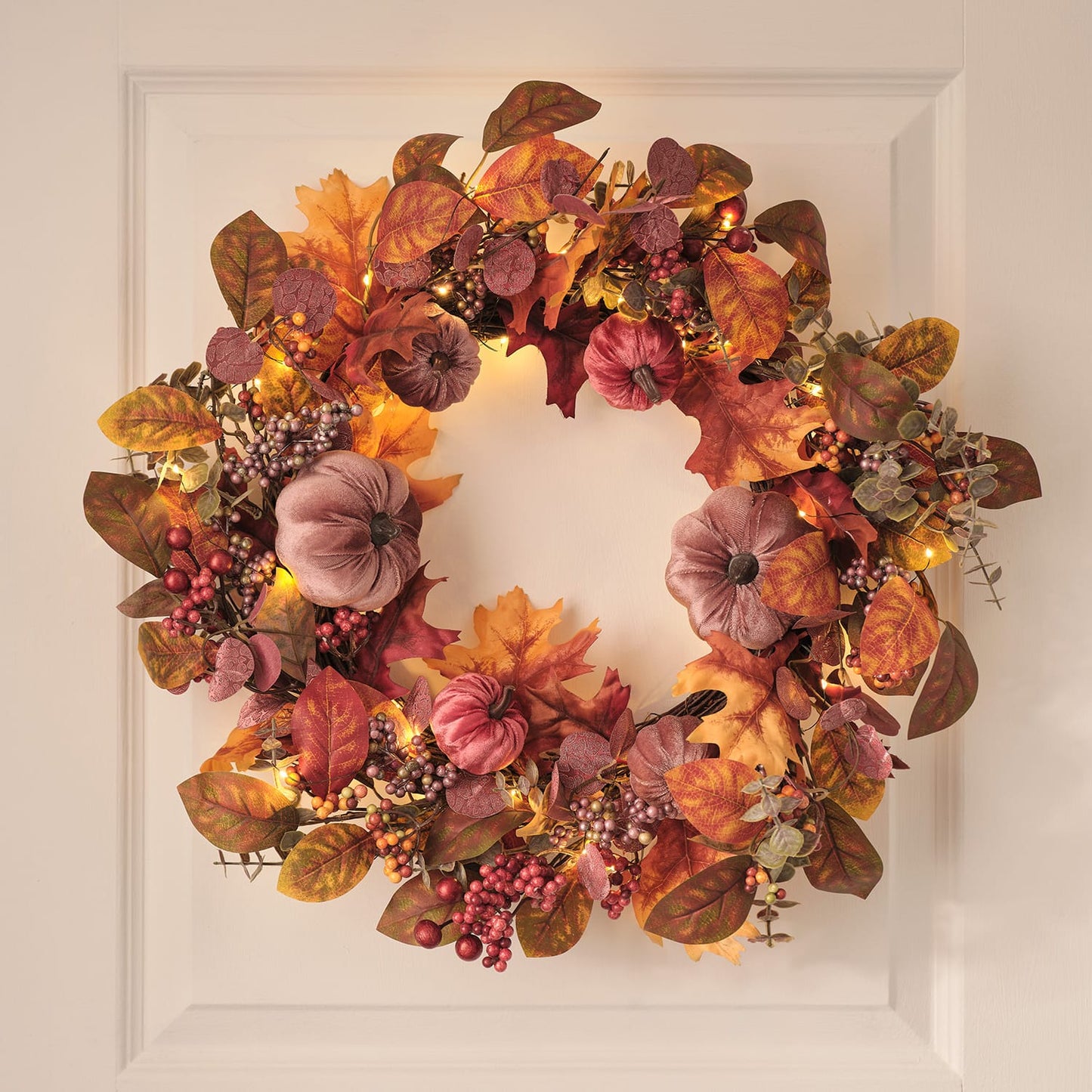 Pre-Lit Luxury Velvet Pumpkin Meadow Wreath & Garland | 100 Micro LED Autumn Décor
