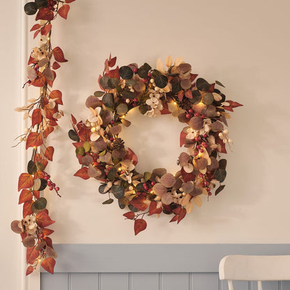 Pre-Lit Berry Harvest Autumn Wreath & Garland Set | Battery LED Faux Foliage