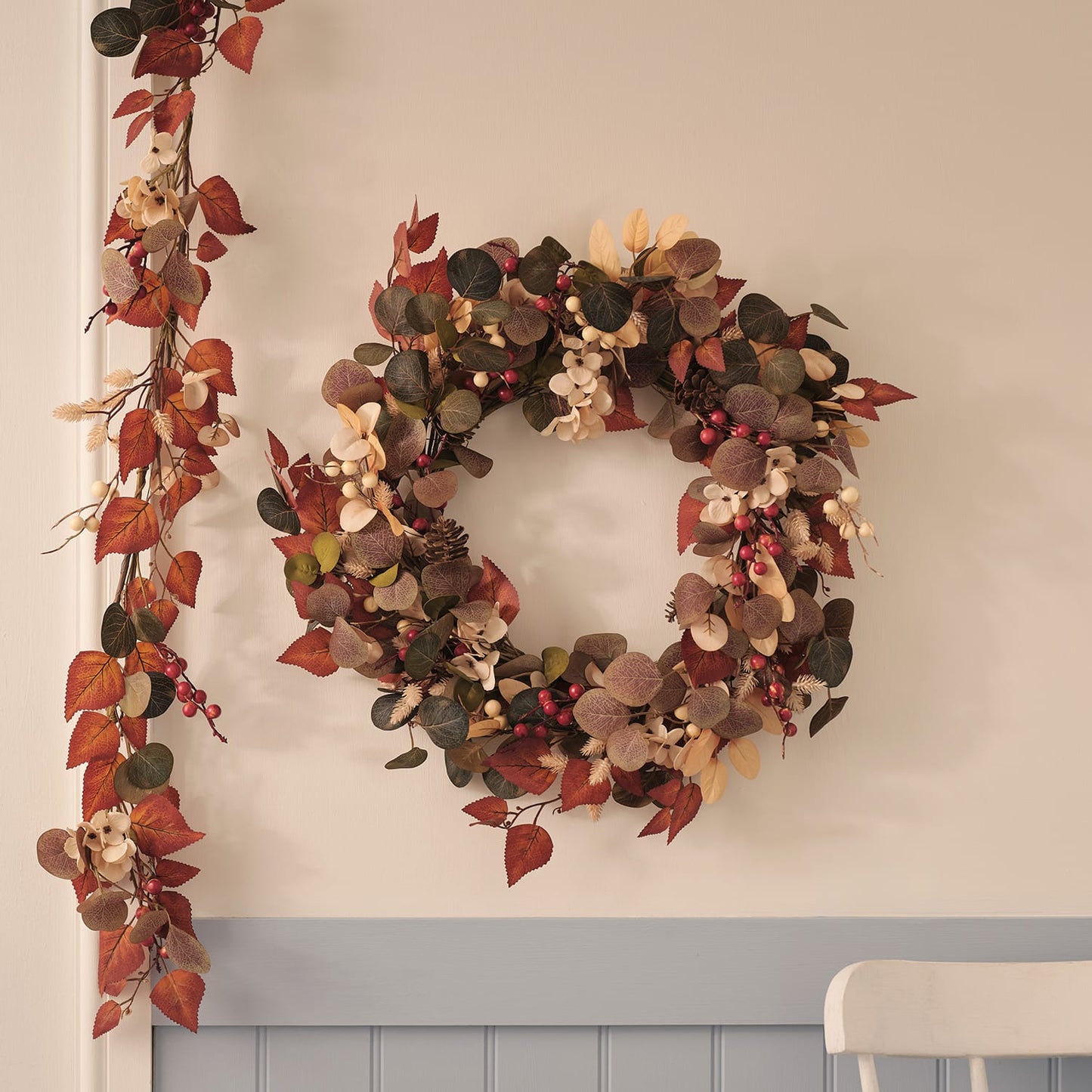 Pre-Lit Berry Harvest Autumn Wreath & Garland Set | Battery LED Faux Foliage