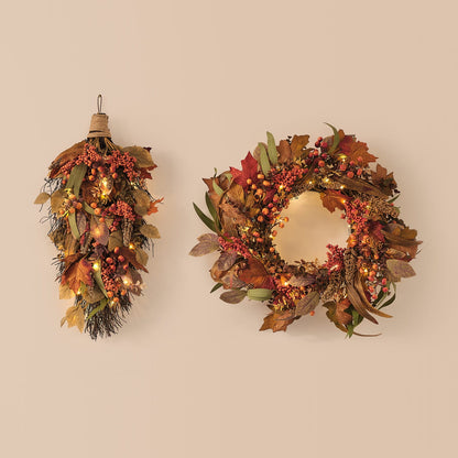 Pre-Lit Maple Orchard Autumn Wreath & Bough Set | 50 LED Faux Foliage Door Décor
