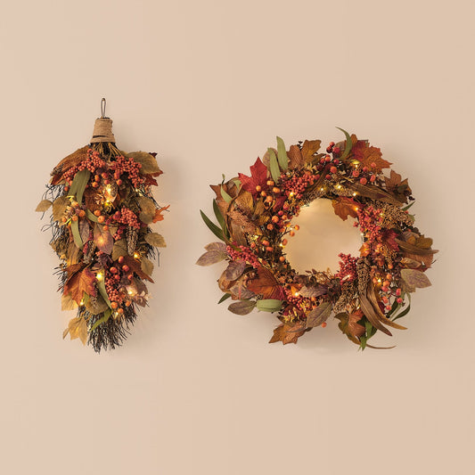 Pre-Lit Maple Orchard Autumn Wreath & Bough Set | 50 LED Faux Foliage Door Décor