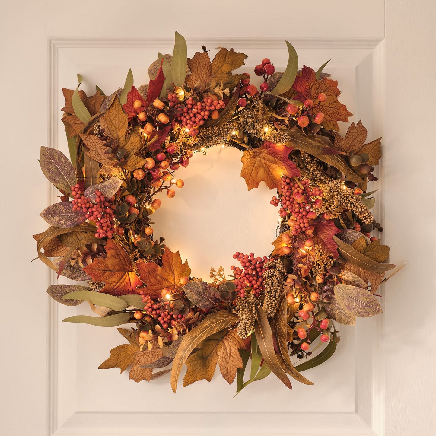 Pre-Lit Maple Orchard Autumn Wreath & Bough Set | 50 LED Faux Foliage Door Décor