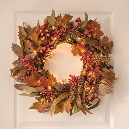 Pre-Lit Maple Orchard Autumn Wreath & Bough Set | 50 LED Faux Foliage Door Décor
