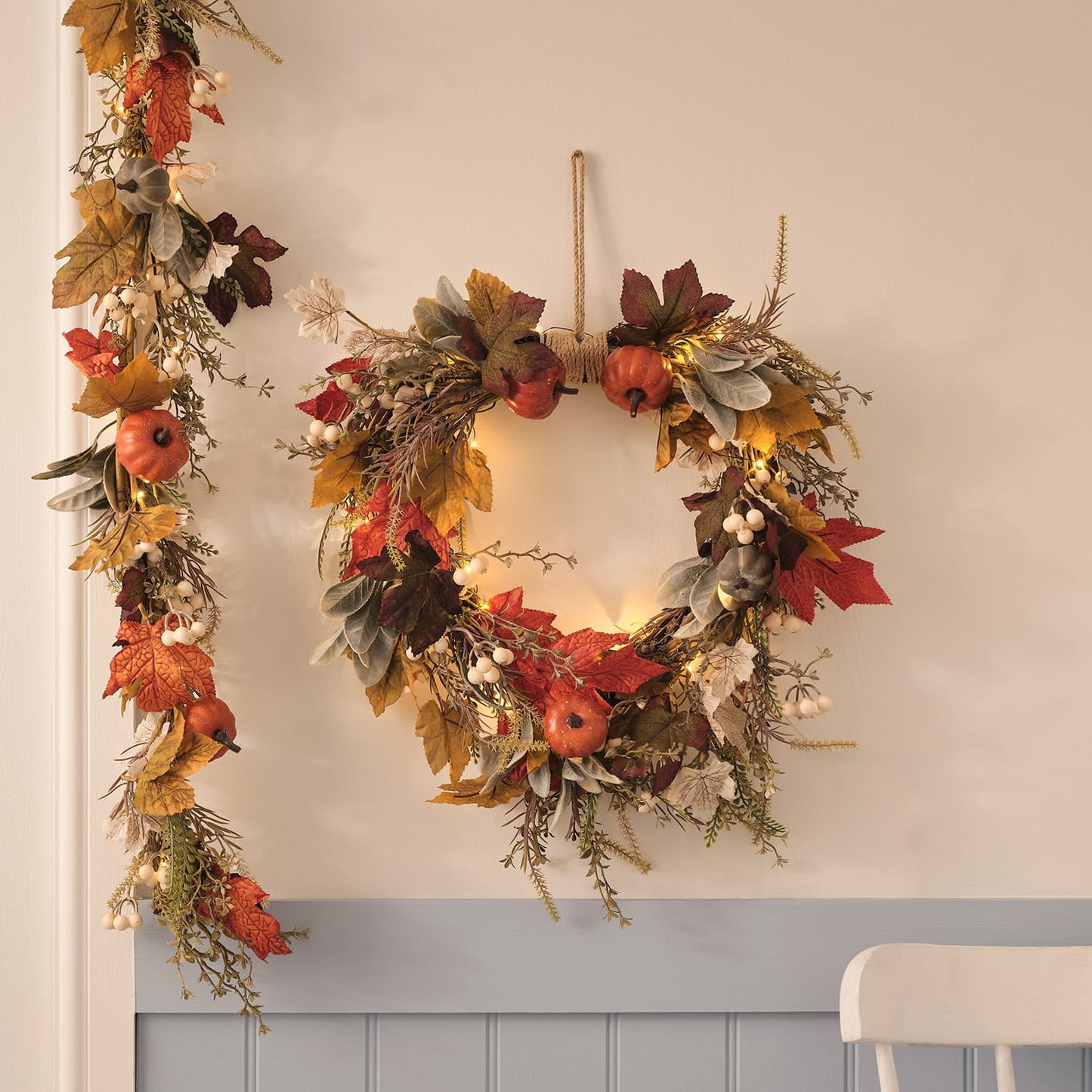 Pre-Lit Pumpkin Lane Autumn Wreath & Garland Set | 40 LED Faux Foliage Décor