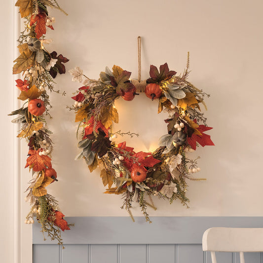 Pre-Lit Pumpkin Lane Autumn Wreath & Garland Set | 40 LED Faux Foliage Décor