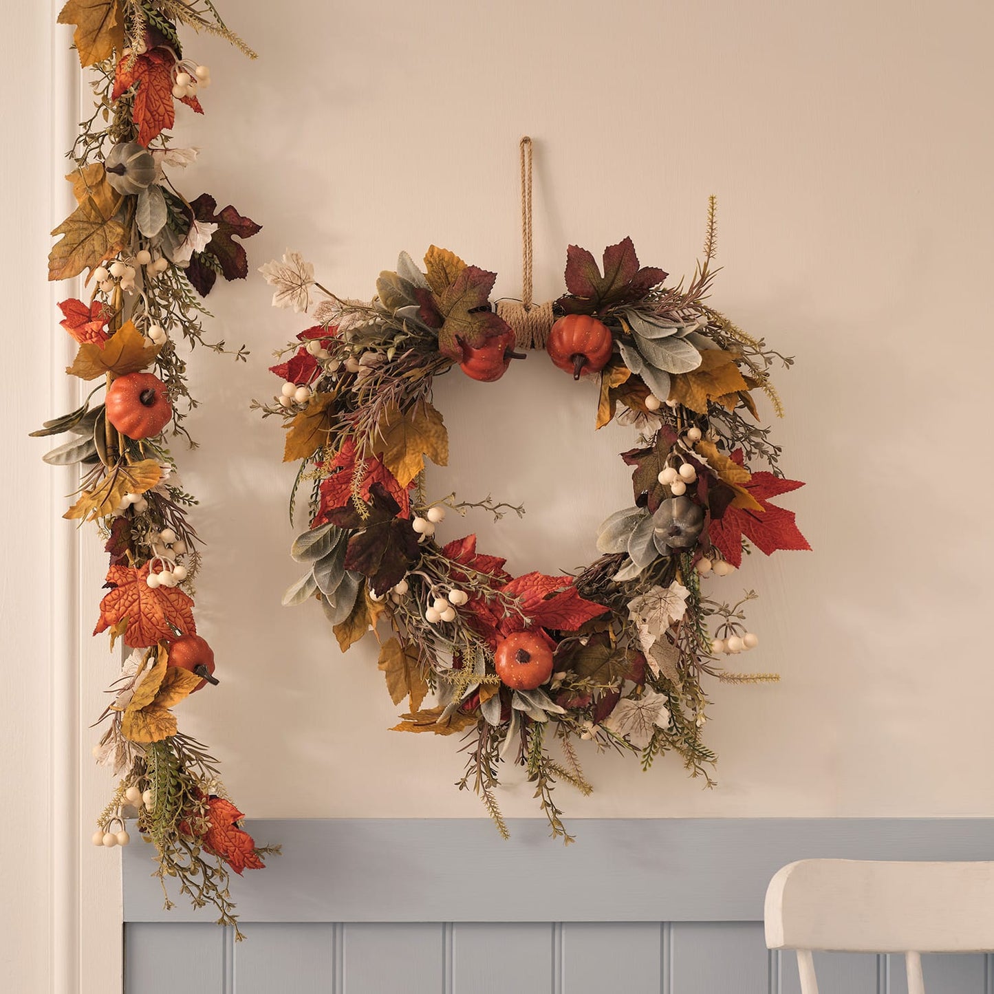 Pre-Lit Pumpkin Lane Autumn Wreath & Garland Set | 40 LED Faux Foliage Décor