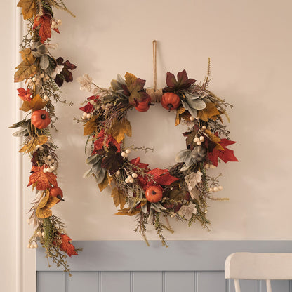 Pre-Lit Pumpkin Lane Autumn Wreath & Garland Set | 40 LED Faux Foliage Décor