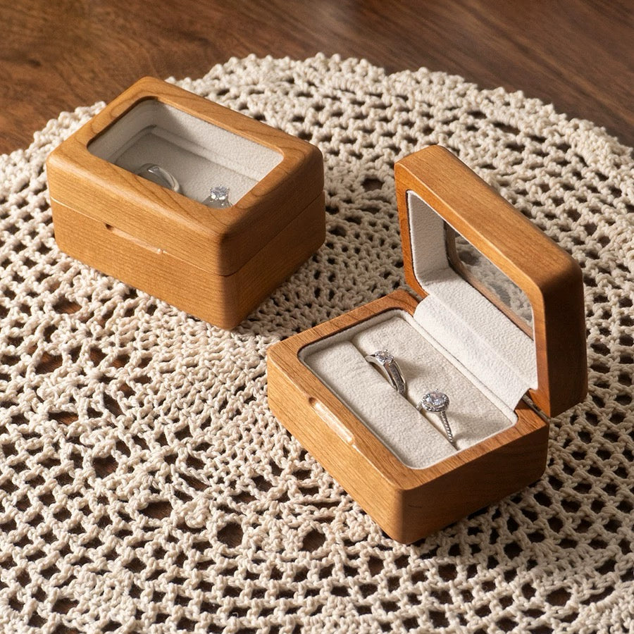 Lomi Wooden Ring Box | Walnut or Cherry Wood Case with Velvet Lining, Single or Pair