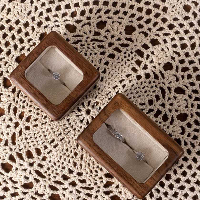 Lomi Wooden Ring Box | Walnut or Cherry Wood Case with Velvet Lining, Single or Pair